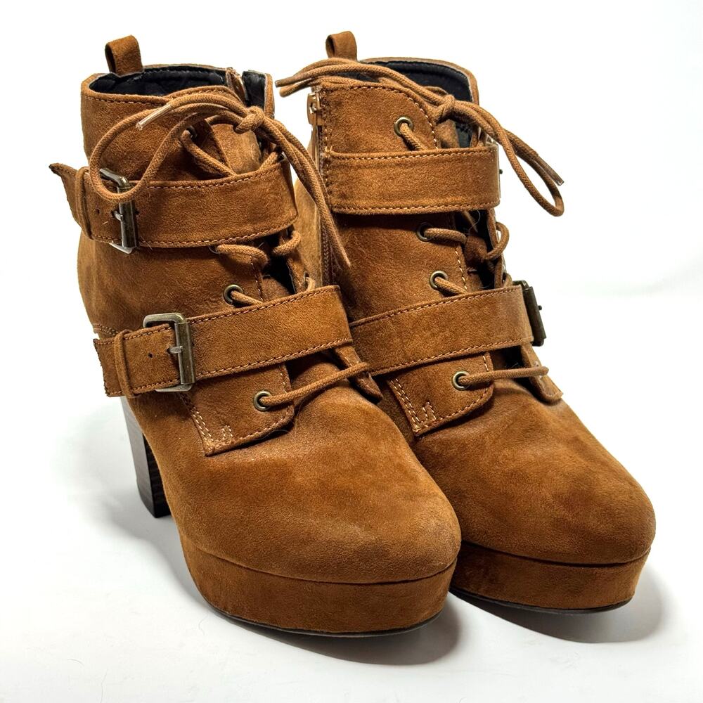 NWT Report Brown Faux Suede Platform Lace Up Buckle Ankle Boot 7 Grunge Y2K